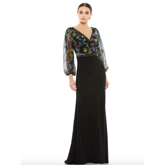 MAC DUGGAL Dress Size 6 Evening Gown Black Floral NEW Embroidered Puff Sleeve - Picture 1 of 6